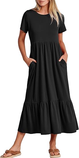 Womens 2025 Summer Casual Maxi Dress A line Tiered Flowy Short Sleeve Crewneck T Shirt Beach Travel Long Dresses
